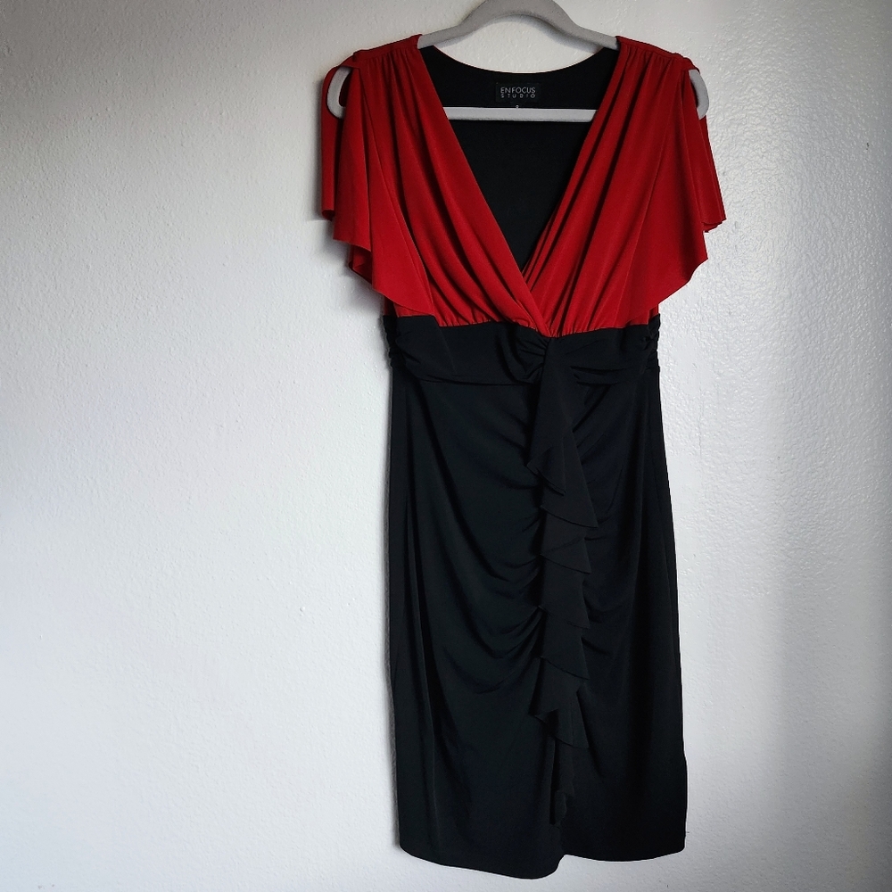EnFocus Studio Midi Dress Size 8 Red Black Ruffle Bodycon Faux Wrap